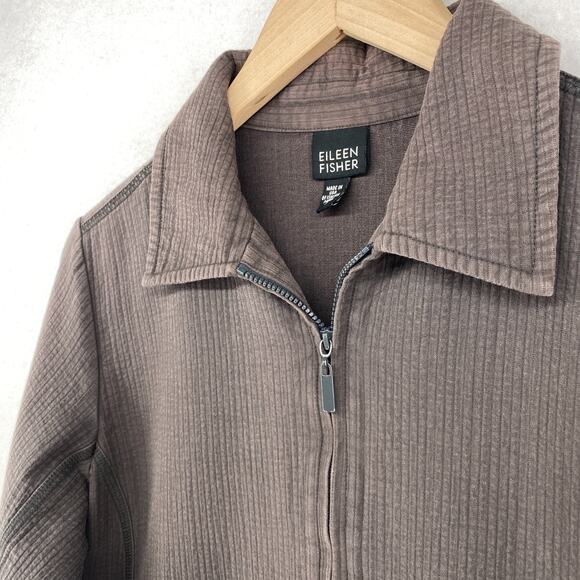 EILEEN FISHER Jacket S Cotton Ribbed Textured Canvas Full Zip Brown USA VTG - Picture 2 of 14